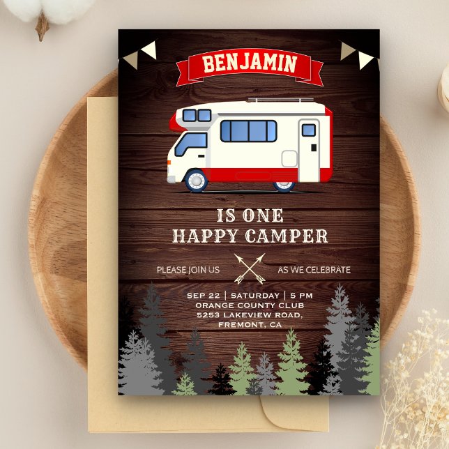 Rustic Wood One Happy Camper 1st Birthday Party Invitation (Creator Uploaded)