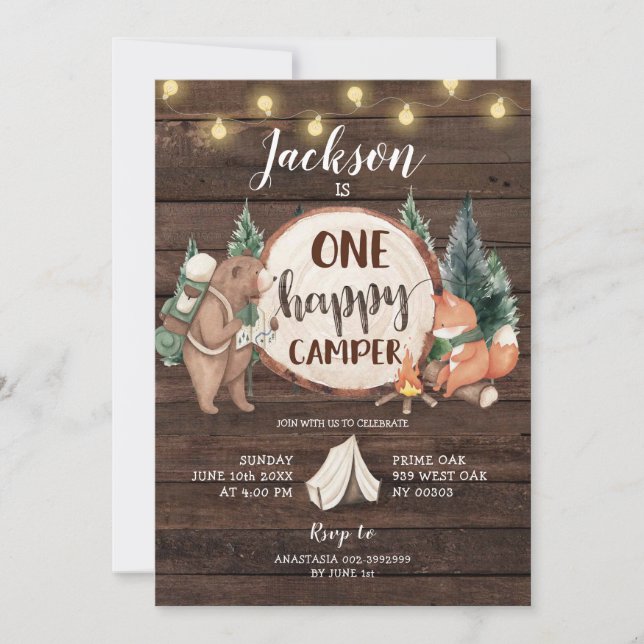 Rustic Wood One Happy Camper Camping Birthday Invitation (Front)