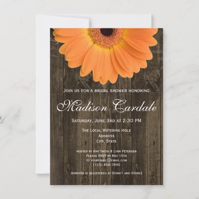 Rustic Wood Orange Daisy Bridal Shower Invitation (Front)