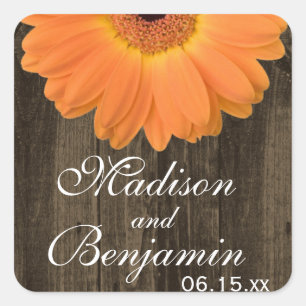 Rustic Wood Orange Daisy Wedding Favour Stickers