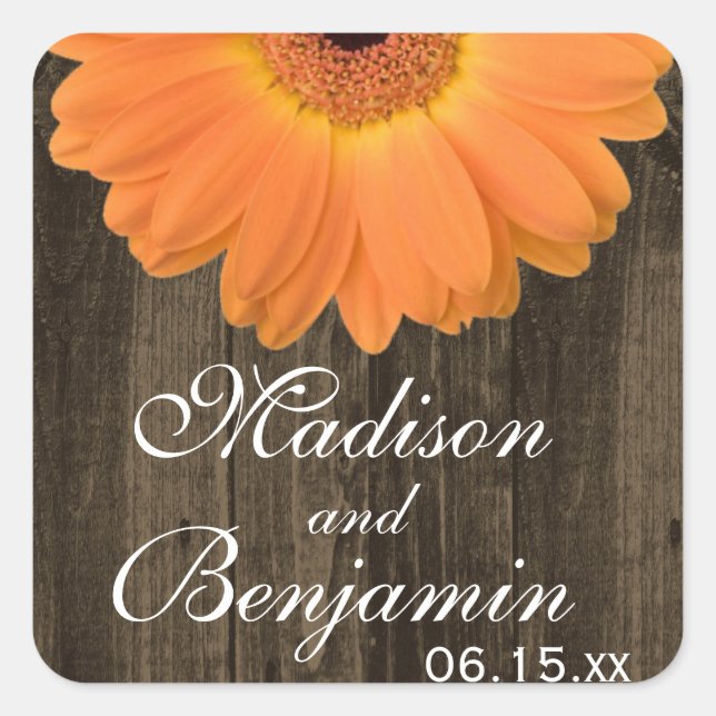 Rustic Wood Orange Daisy Wedding Favour Stickers (Front)