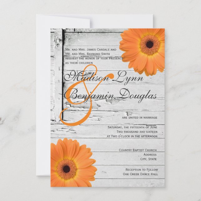 Rustic Wood Orange Daisy Wedding Invitations (Front)