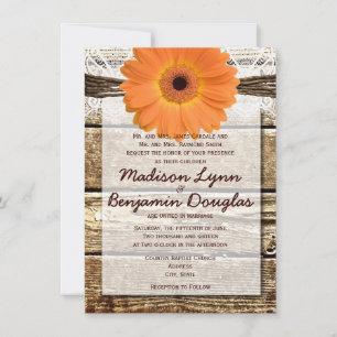 Rustic Wood Orange Daisy Wedding Invitations