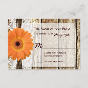 Rustic Wood Orange Daisy Wedding RSVP Cards