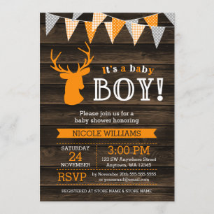Rustic Wood Orange Deer Boy Baby Shower Invitation