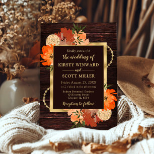 Rustic Wood & Orange Fall Floral Wedding Invitation