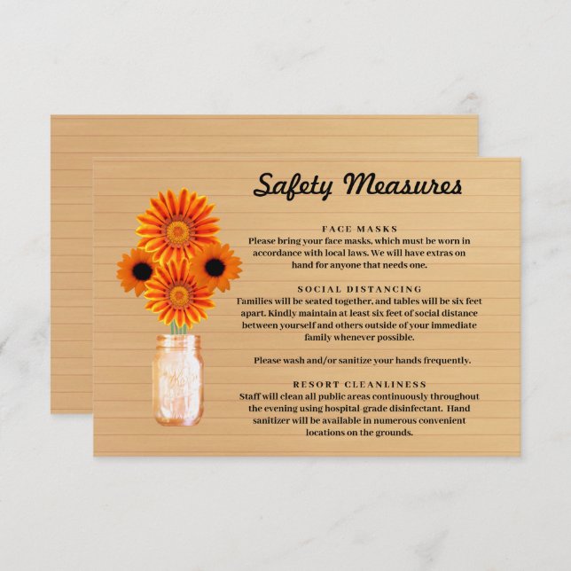 Rustic Wood Orange Floral Mason Jar Safety Measure Enclosure Card (Front/Back)