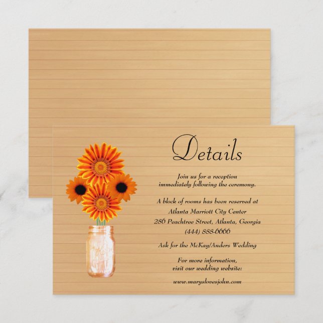 Rustic Wood Orange Floral Mason Jar Wedding Detail Enclosure Card (Front/Back)