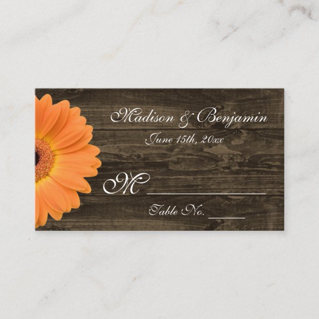 Rustic Wood Orange Gerber Daisy Wedding Place Card (Front)