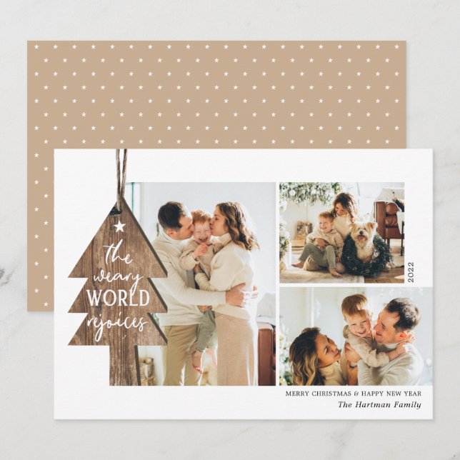 Rustic Wood Ornament 3 Photo Collage Christmas Holiday Card (Front/Back)