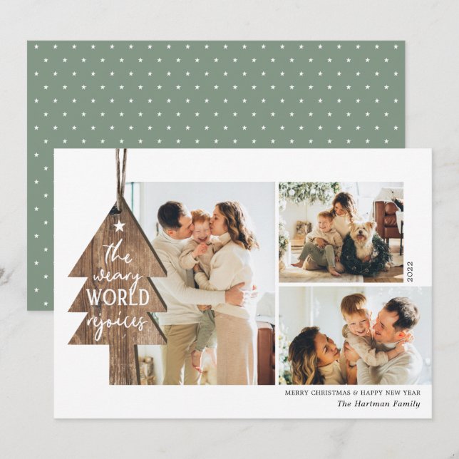 Rustic Wood Ornament 3 Photo Collage Christmas Holiday Card (Front/Back)