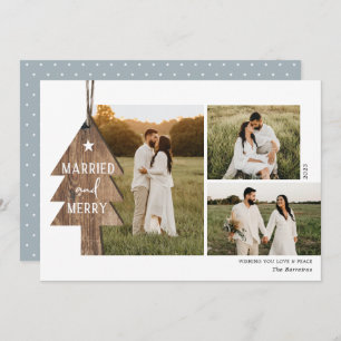 Rustic Wood Ornament Newlywed 3 Photo Christmas Ho Holiday Card