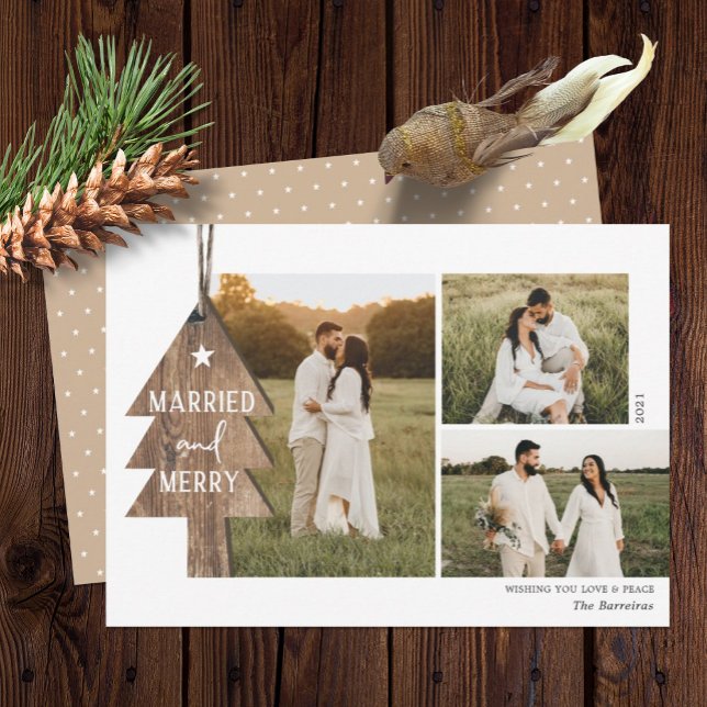 Rustic Wood Ornament Newlywed 3 Photo Christmas Holiday Card (Creator Uploaded)