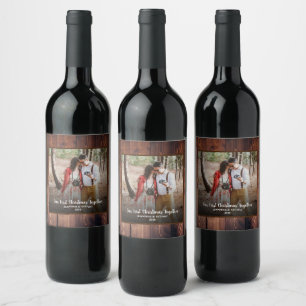 Rustic wood Our First Christmas together photo Wine Label
