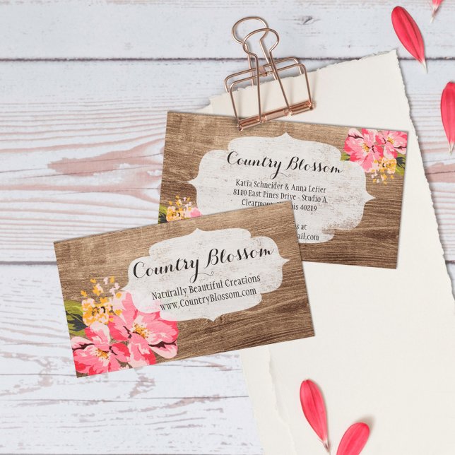 Rustic Wood & Painted Pink Hibiscus Flower Country Business Card (Creator Uploaded)