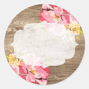Rustic Wood & Painted Pink Hibiscus Flower Country Classic Round Sticker