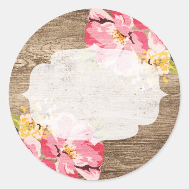 Rustic Wood & Painted Pink Hibiscus Flower Country Classic Round Sticker (Front)
