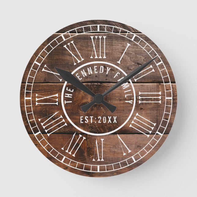 Rustic Wood Pallet White Roman Numeral  Family Round Clock (Front)