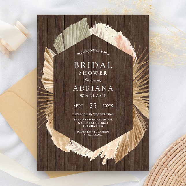 Rustic Wood Pampas Dried Palm Leaves Bridal Shower Invitation (Creator Uploaded)