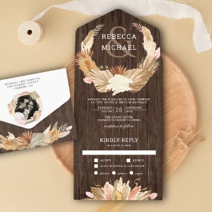 Rustic Wood Pampas Grass Wreath Dried Palm Wedding All In One Invitation