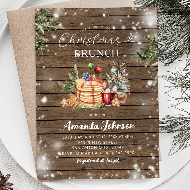 Rustic Wood Pancake Holiday Party Christmas Brunch Invitation (Creator Uploaded)