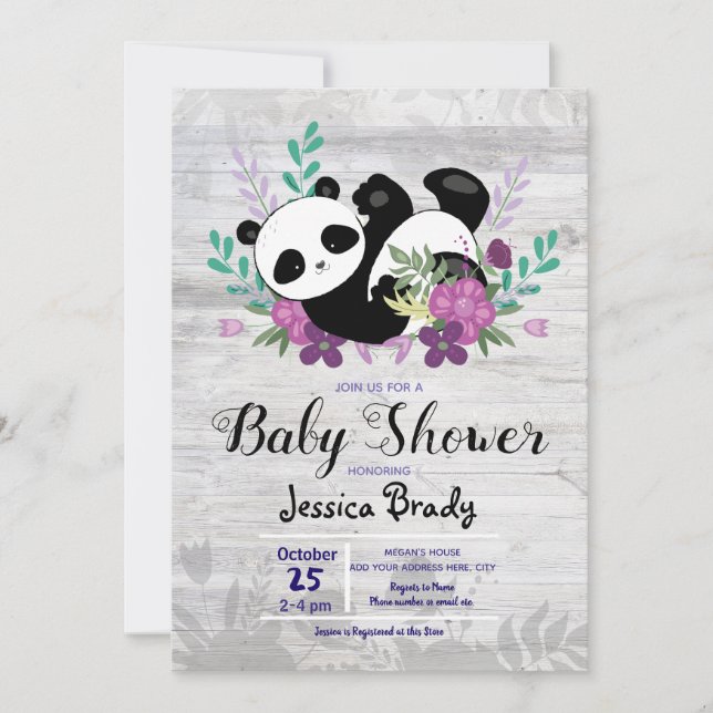 Rustic Wood Panda with Purple Flowers Baby Shower Invitation (Front)