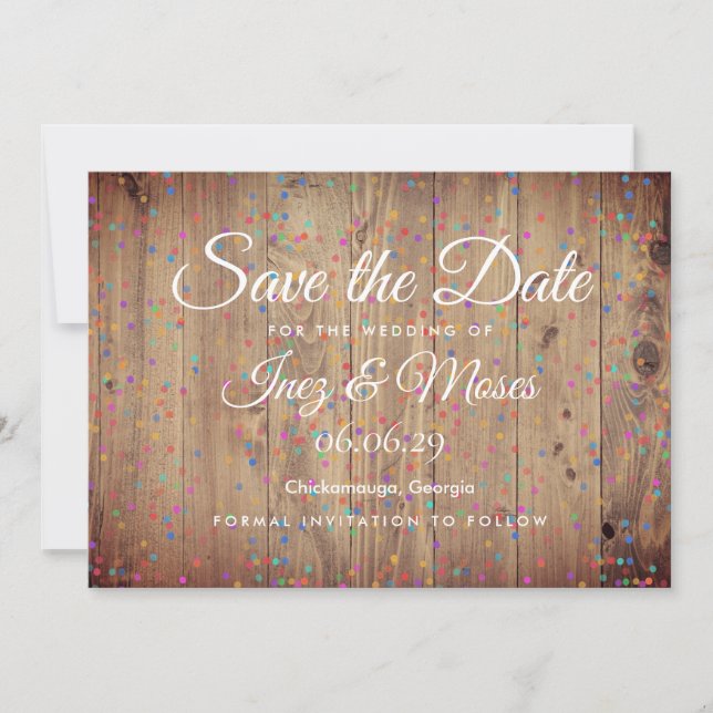 Rustic Wood Panels Rainbow Confetti Save the Date (Front)