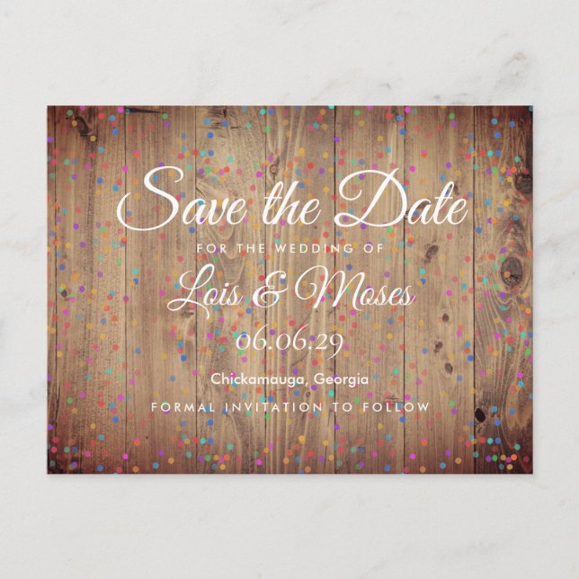 Rustic Wood Panels Rainbow Confetti Save the Date Announcement Postcard (Front)