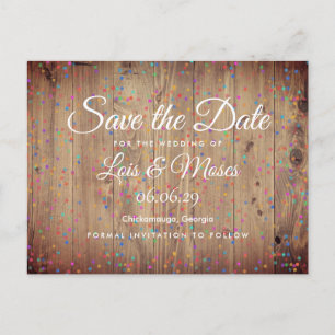 Rustic Wood Panels Rainbow Confetti Save the Date Postcard