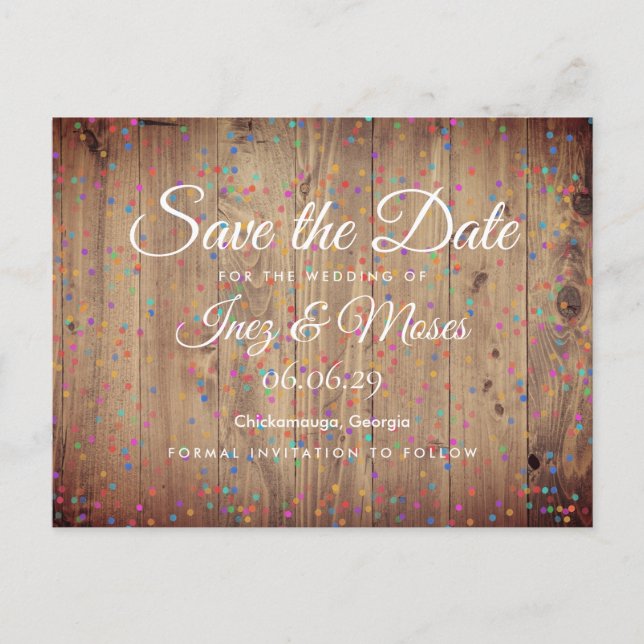 Rustic Wood Panels Rainbow Confetti Save the Date Postcard (Front)