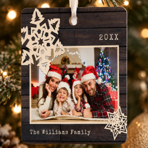 Rustic Wood Papercut Snowflake Custom Family Photo Metal Tree Decoration