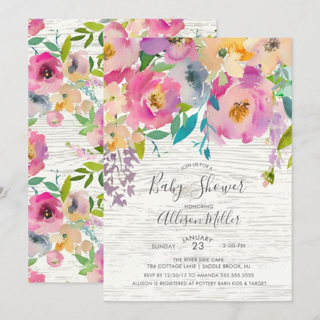 Rustic Wood Pastel Floral Baby Shower Invitation (Front/Back)