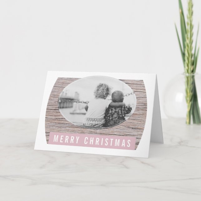 Rustic Wood Pastel Pink Photo Christmas Holiday Card (Front)