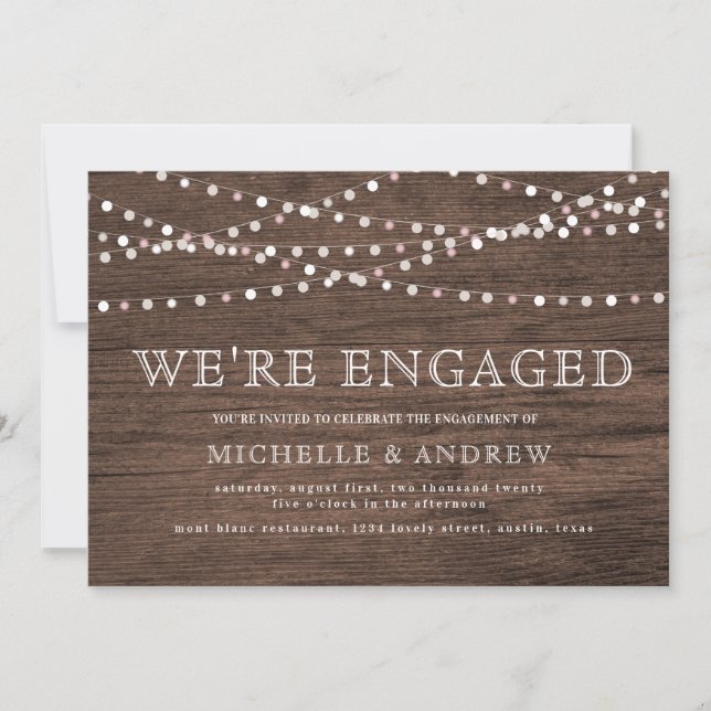 rustic wood pastel string lights engagement invitation (Front)