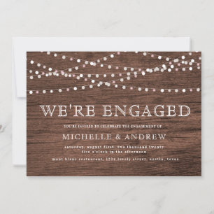 rustic wood pastel string lights engagement invitation