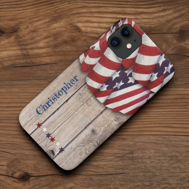 Rustic Wood Patriotic Red White Custom Name Case-M Case-Mate iPhone Case (back of phone case)