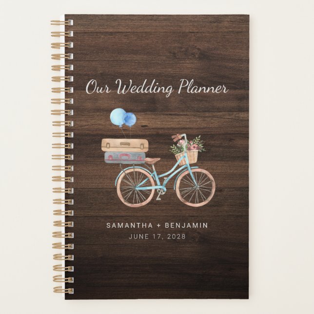 Rustic Wood Pattern Vintage Bike Elegant Wedding Planner (Front)