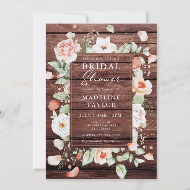 Rustic Wood & Peach Floral Border Bridal Shower  Invitation (Front)