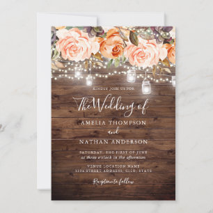 Rustic Wood Peach Floral Lights Wedding Invitation