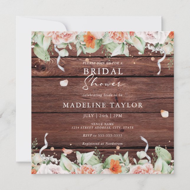 Rustic Wood & Peach Floral Square Bridal Shower Invitation (Front)