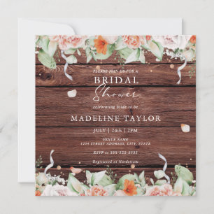 Rustic Wood & Peach Floral Square Bridal Shower Invitation