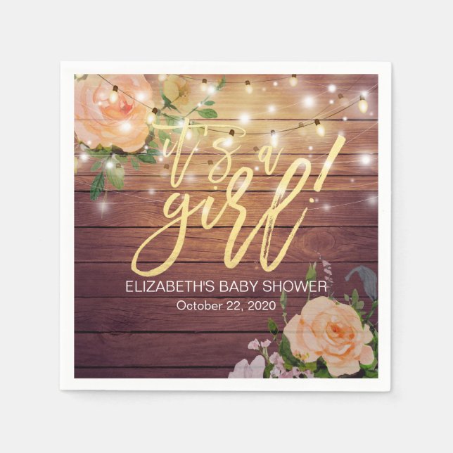 Rustic Wood Peach Floral String Lights Baby Shower Napkin (Front)