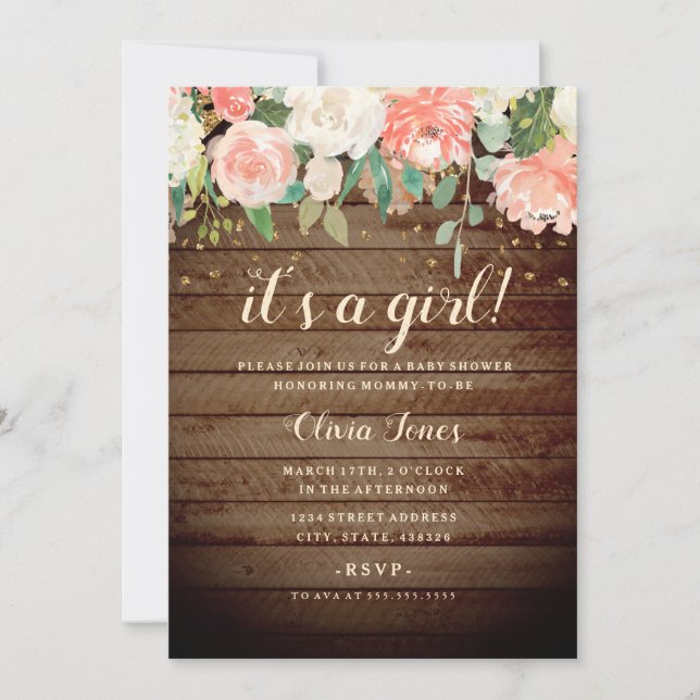 Rustic Wood Peach Gold Floral Baby Shower Invite (Front)