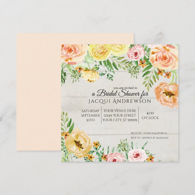 Rustic Wood Peach Orange Rose Floral Bridal Shower Invitation (Front/Back)