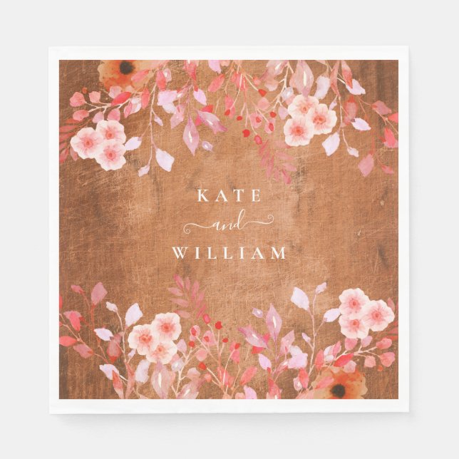 Rustic Wood Peach Wildflowers Floral Wedding Napkin (Front)