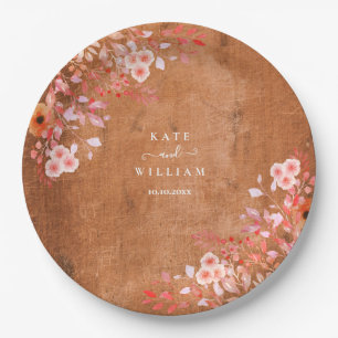 Rustic Wood Peach Wildflowers Floral Wedding Paper Plate