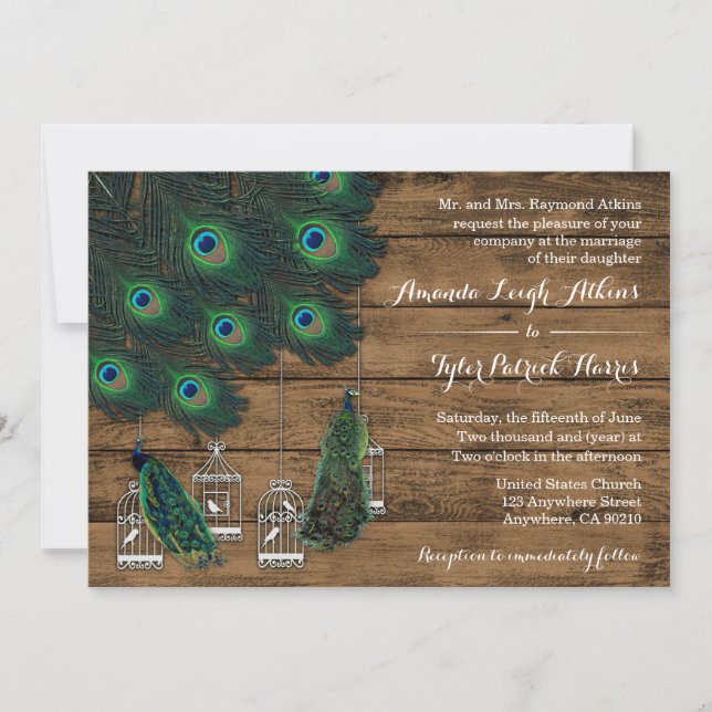 Rustic Wood Peacock Feather Wedding Invitations (Front)