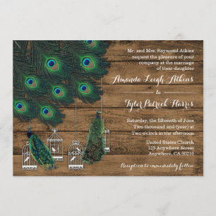 Rustic Wood Peacock Feather Wedding Invitations