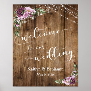 Rustic Wood Peonies & Lights Wedding Welcome Poster