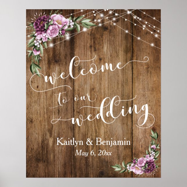 Rustic Wood Peonies & Lights Wedding Welcome Poster (Front)